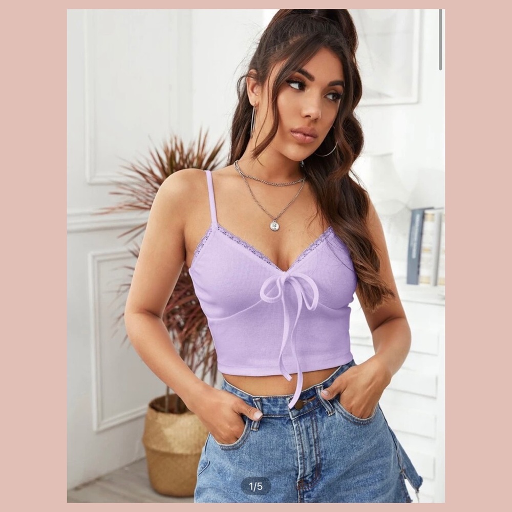 Lace Trim Tie Crop Top (Lilac Purple)